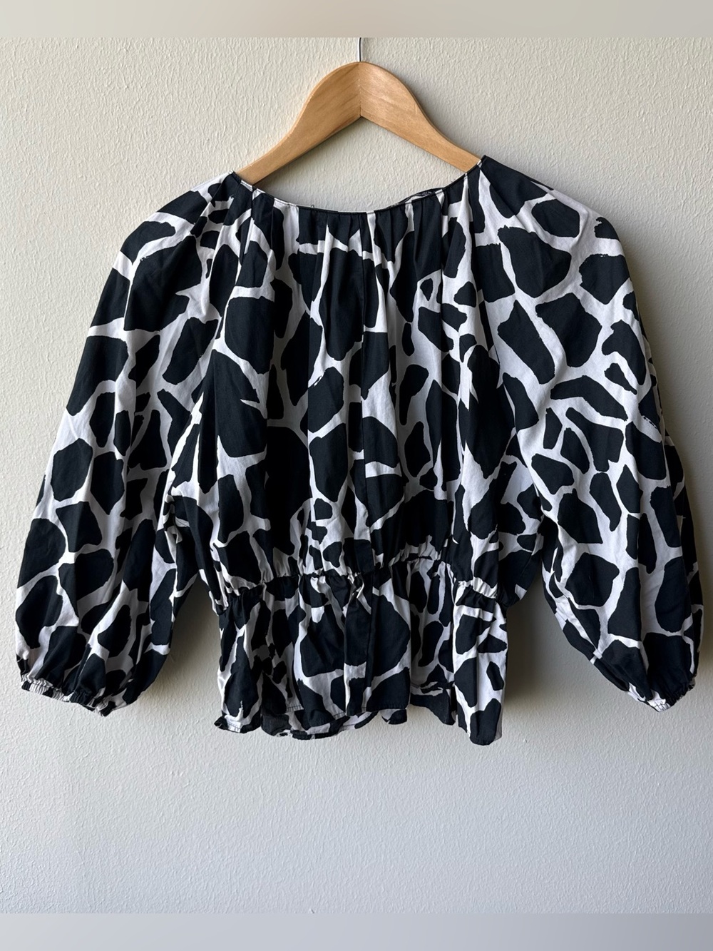 Zara Black White Animal Print Smocked Blouse